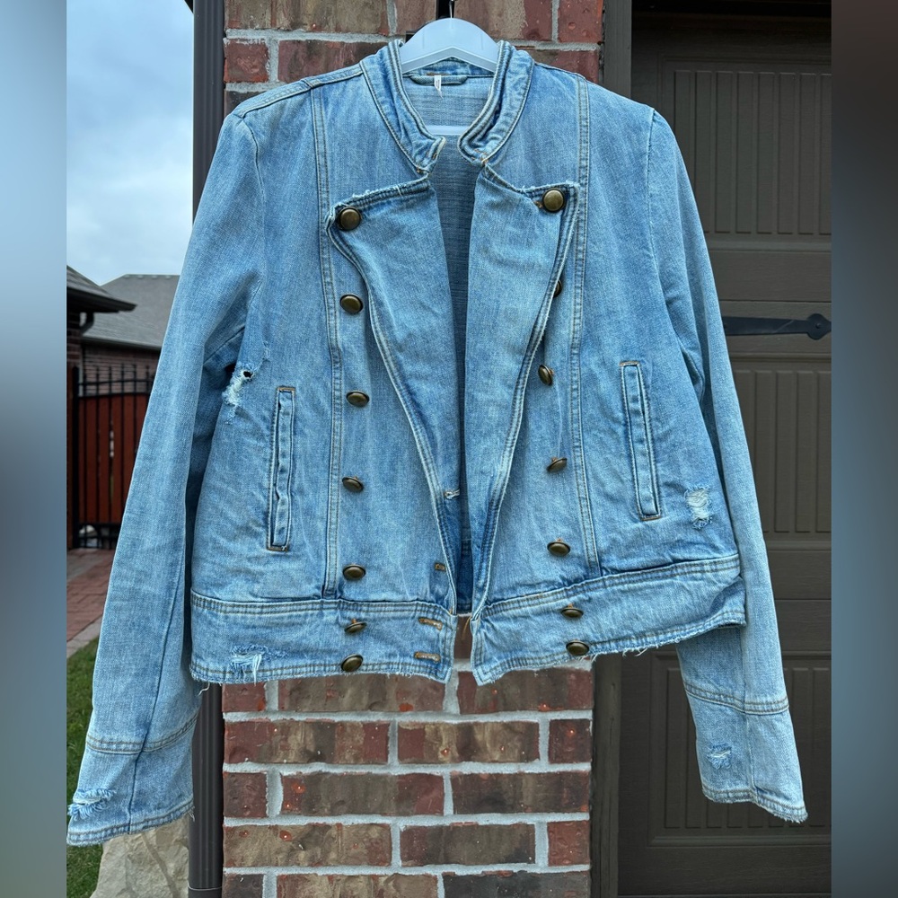 Free People Ferry Military Denim Jacket Medium Wash Sz L